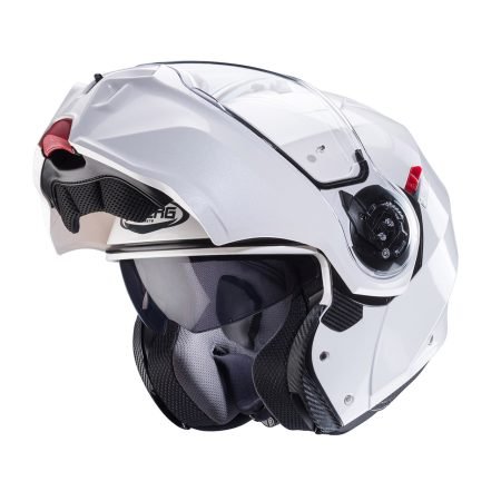 Duke-Evo-White-Metal-3-4-open Casco modulare Caberg Duke Evo bianco metallizzato, vista a tre quarti con mentoniera aperta, design elegante con visiera trasparente.