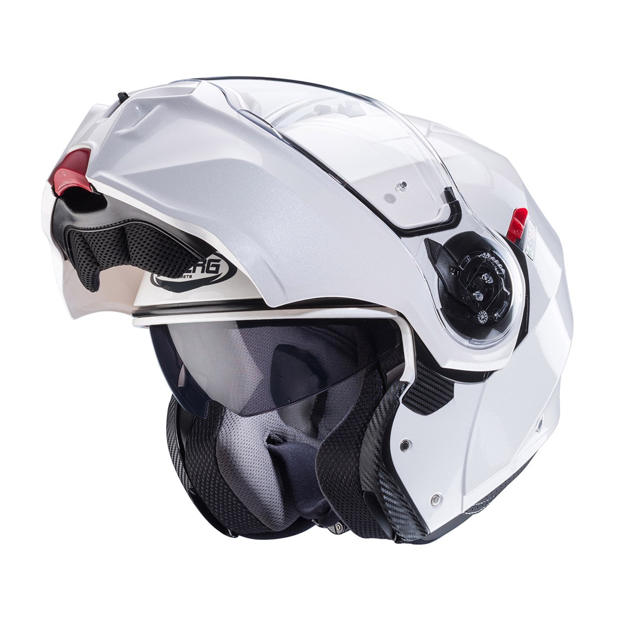 Caberg Duke Evo modular helmet metallic white, three-quarter view with open chin guard, elegant design with clear visor.