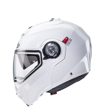 Duke-Evo-White-Metal-profile Casco modulare Caberg Duke Evo bianco metallizzato, vista laterale, design elegante con visiera trasparente.