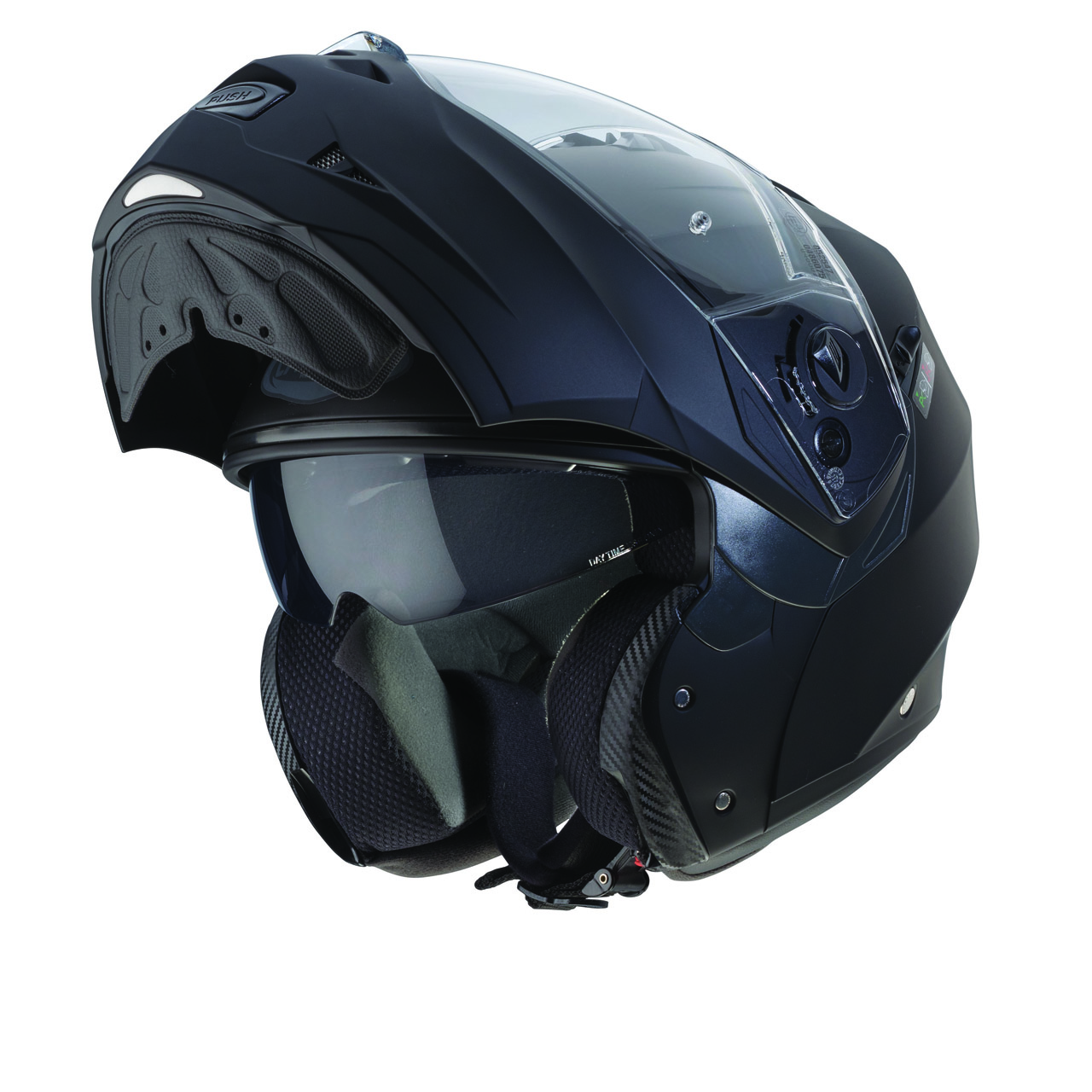 3-4 Caberg Duke II Modular Helmet in matte black, three-quarter view with chin guard open, elegant design with clear visor and ventilation system.