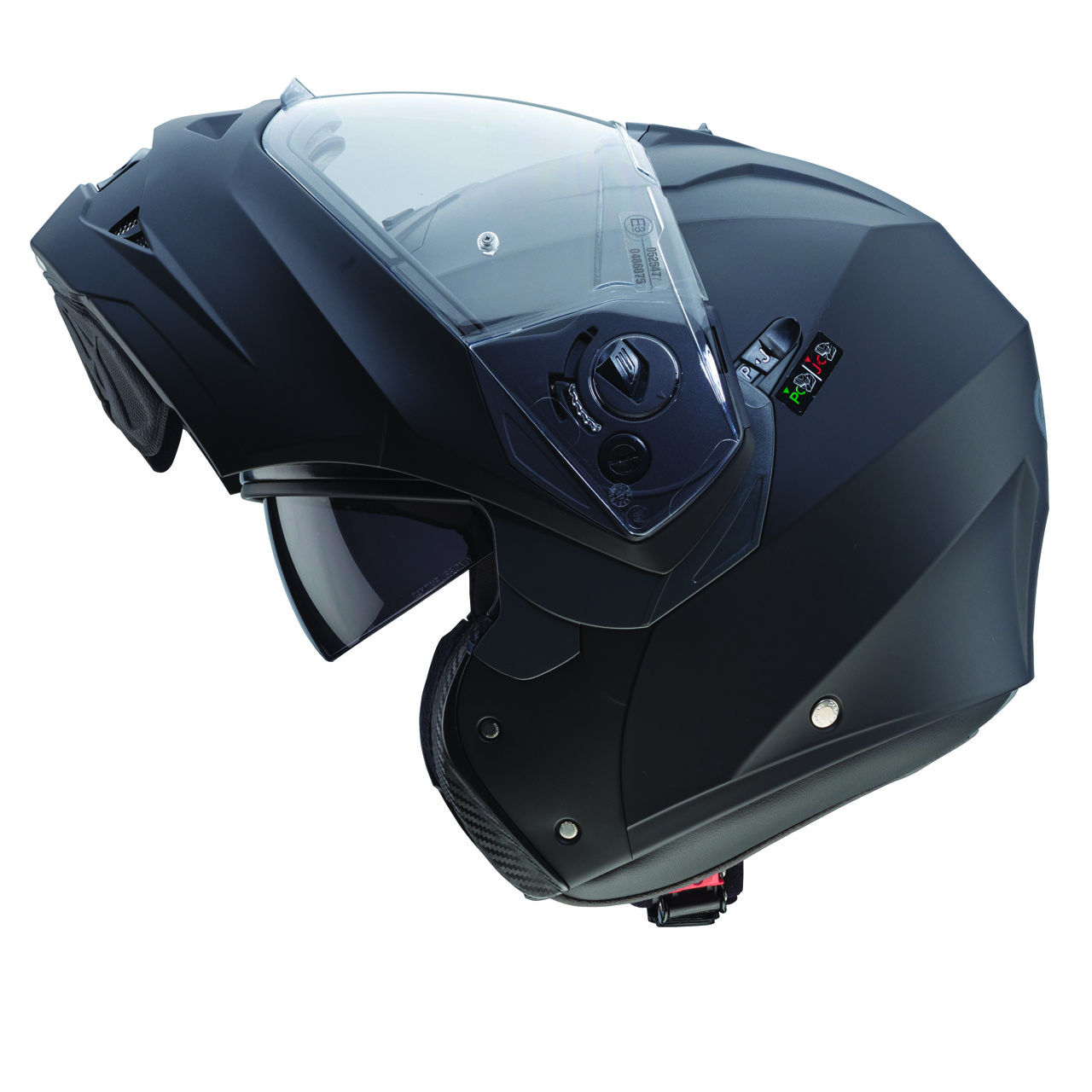 LAT Caberg Duke II Modular Helmet in matte black, side view with chin guard open, elegant design with clear visor and ventilation system.