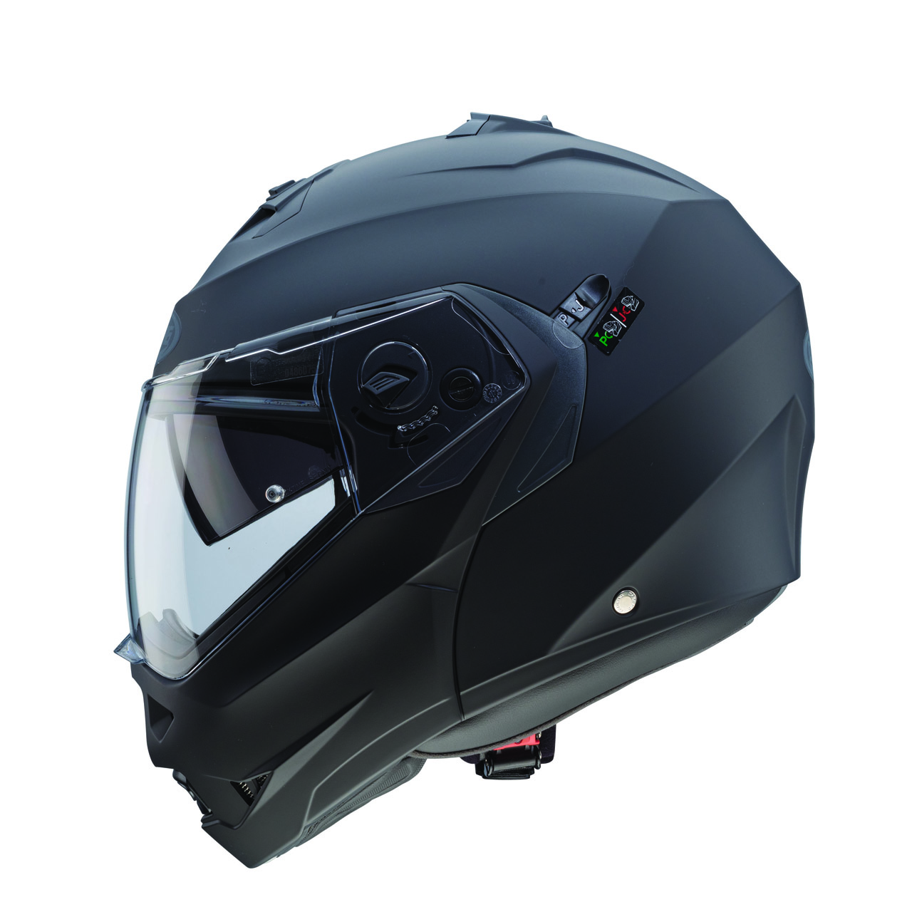 LAT Caberg Duke II Modular Helmet in matte black, side view, elegant design with clear visor and ventilation system.