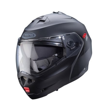 Duke-X-Matt-Black-3-4 Casco modulare Caberg Duke X nero opaco, vista a tre quarti, design classico con visiera trasparente.