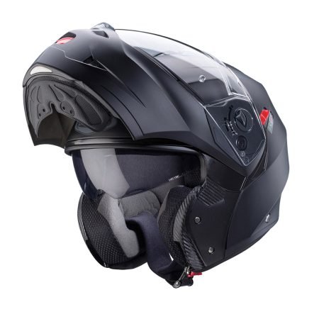 Duke-X-Matt-Black-3-4-open Casco modulare Caberg Duke X nero opaco, vista a tre quarti con mentoniera aperta, design classico con visiera trasparente.