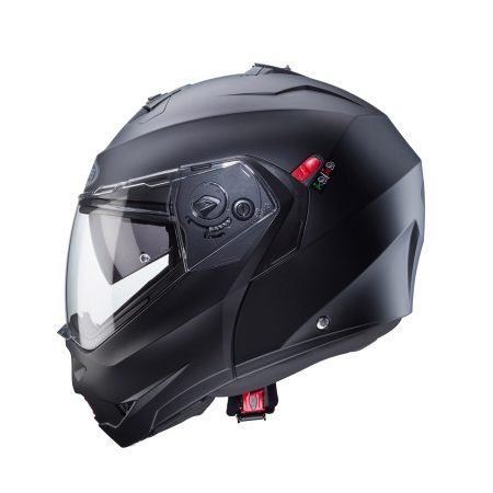 Duke-X-Matt-Black-profile Casco modulare Caberg Duke X nero opaco, vista laterale, design classico con visiera trasparente.