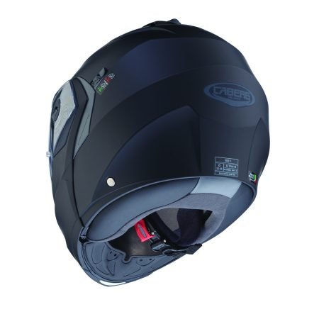 Back Casco modulare Caberg Duke X nero opaco, vista posteriore, design classico con visiera trasparente.
