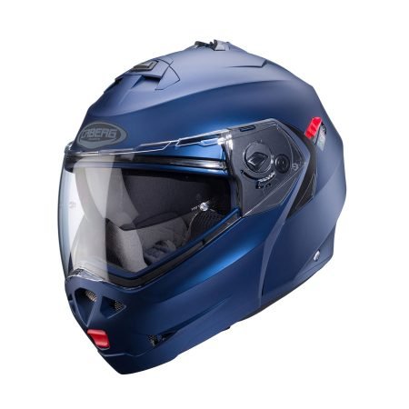 Duke-X-Matt-Blue-Yama-3-4 Caberg Duke X modular helmet in matt Yama blue, three-quarter view, sporty design with clear visor.