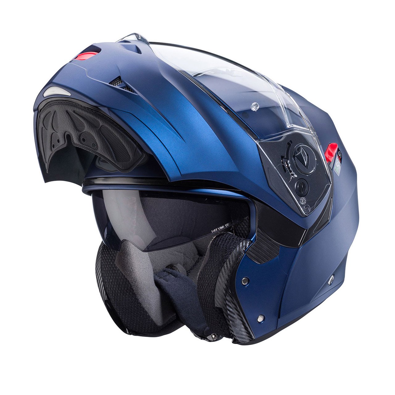 Casco modulare Caberg Duke X blu Yama opaco, vista a tre quarti con mentoniera aperta, design sportivo con visiera trasparente.