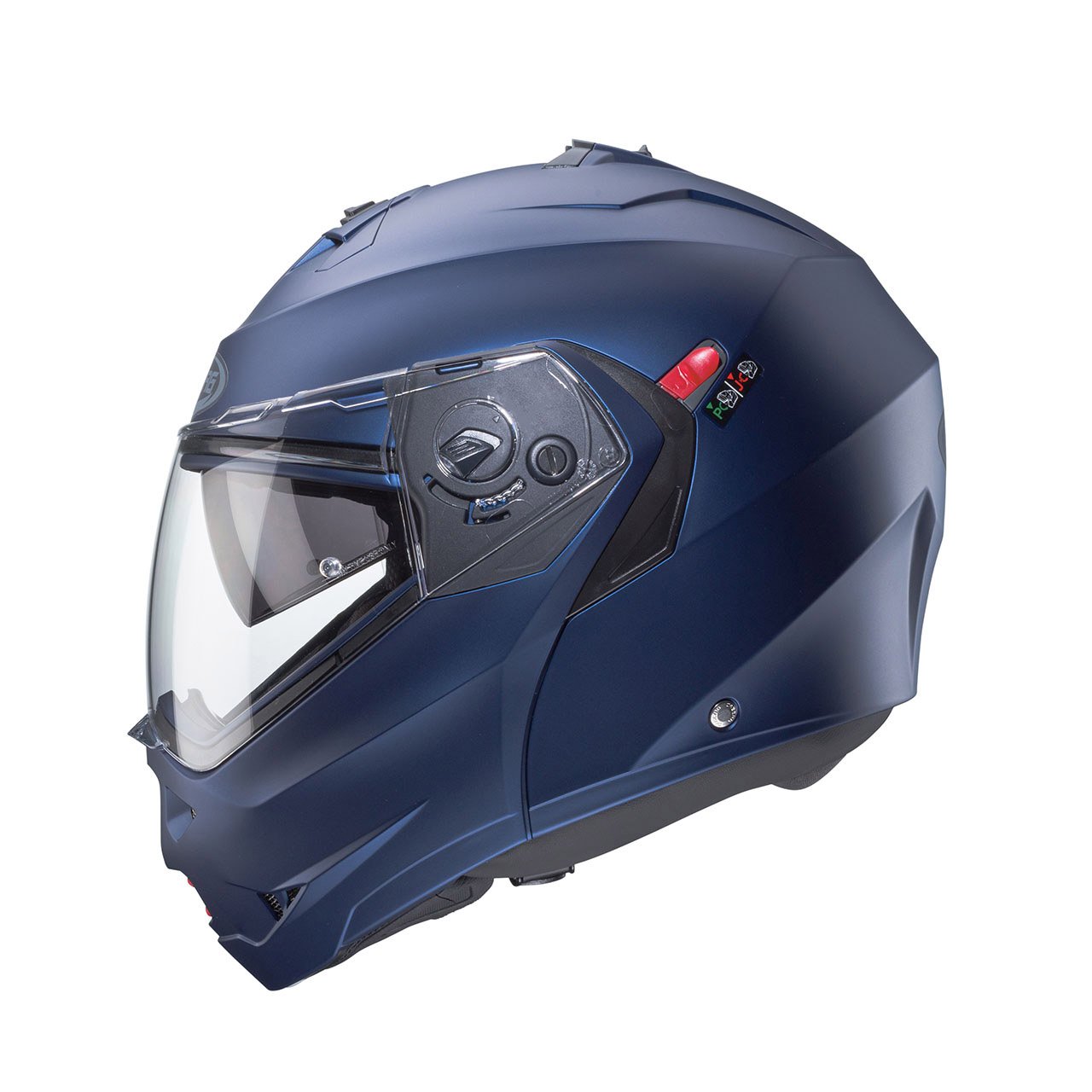 Casco modulare Caberg Duke X blu Yama opaco, vista laterale, design sportivo con visiera trasparente.