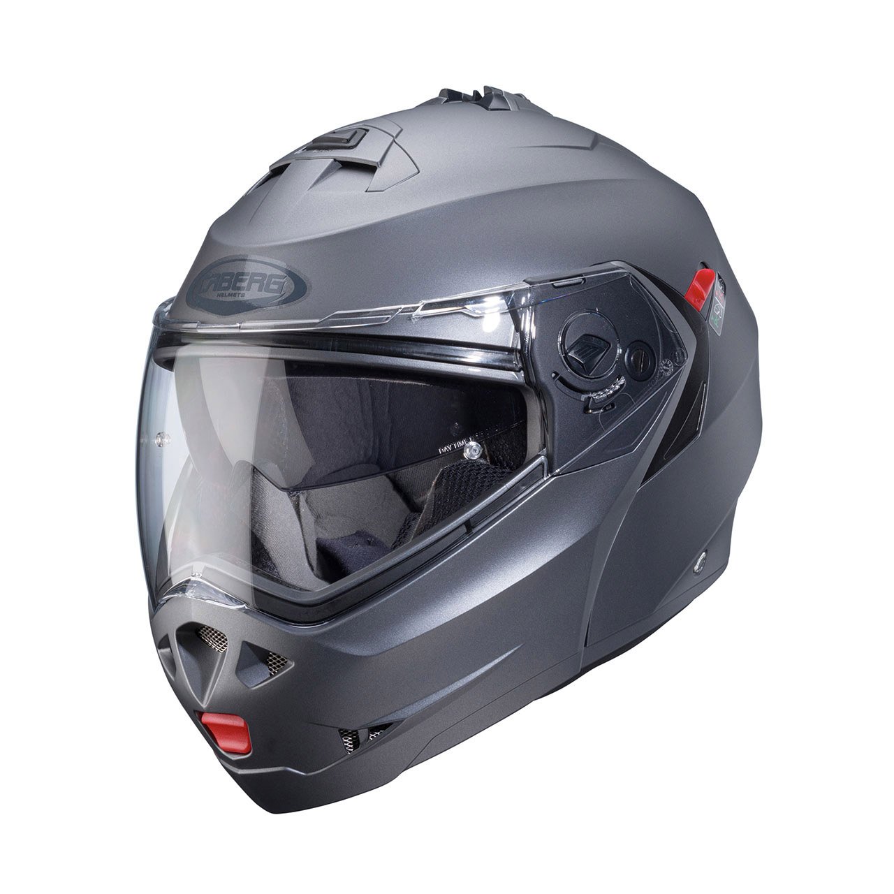 Duke-X-Matt-Gun-Metal-3-4 Caberg Duke X modular helmet in matte metallic grey, three-quarter view, modern design with clear visor.