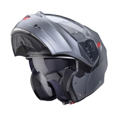 Duke-X-Matt-Gun-Metal-3-4-open Caberg Duke X modular helmet in matte metallic grey, three-quarter view with open chin guard, modern design with clear visor.