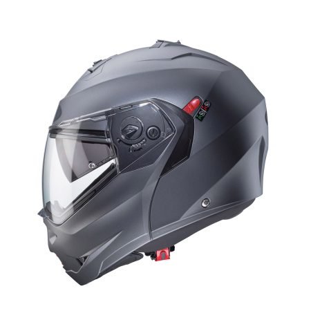 Duke-X-Matt-Gun-Metal-profile Caberg Duke X modular helmet in matte metallic grey, side view, modern design with clear visor.