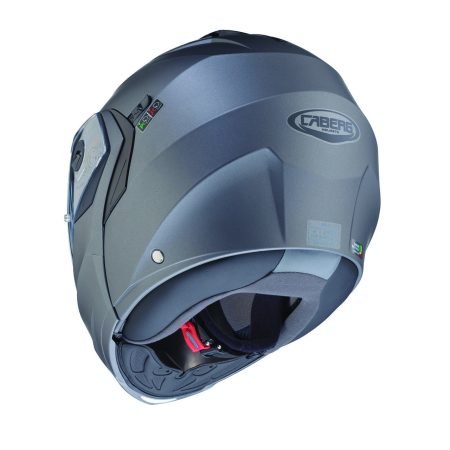 Back Caberg Duke X modular helmet in matte metallic grey, rear view, modern design with clear visor.
