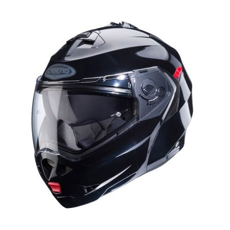Casco modulare Caberg Duke X nero smart, vista a tre quarti, design classico con visiera trasparente.
