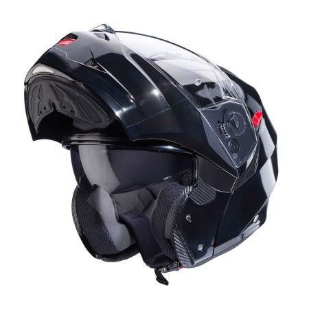 Casco modulare Caberg Duke X nero smart, vista a tre quarti con mentoniera aperta, design classico con visiera trasparente.