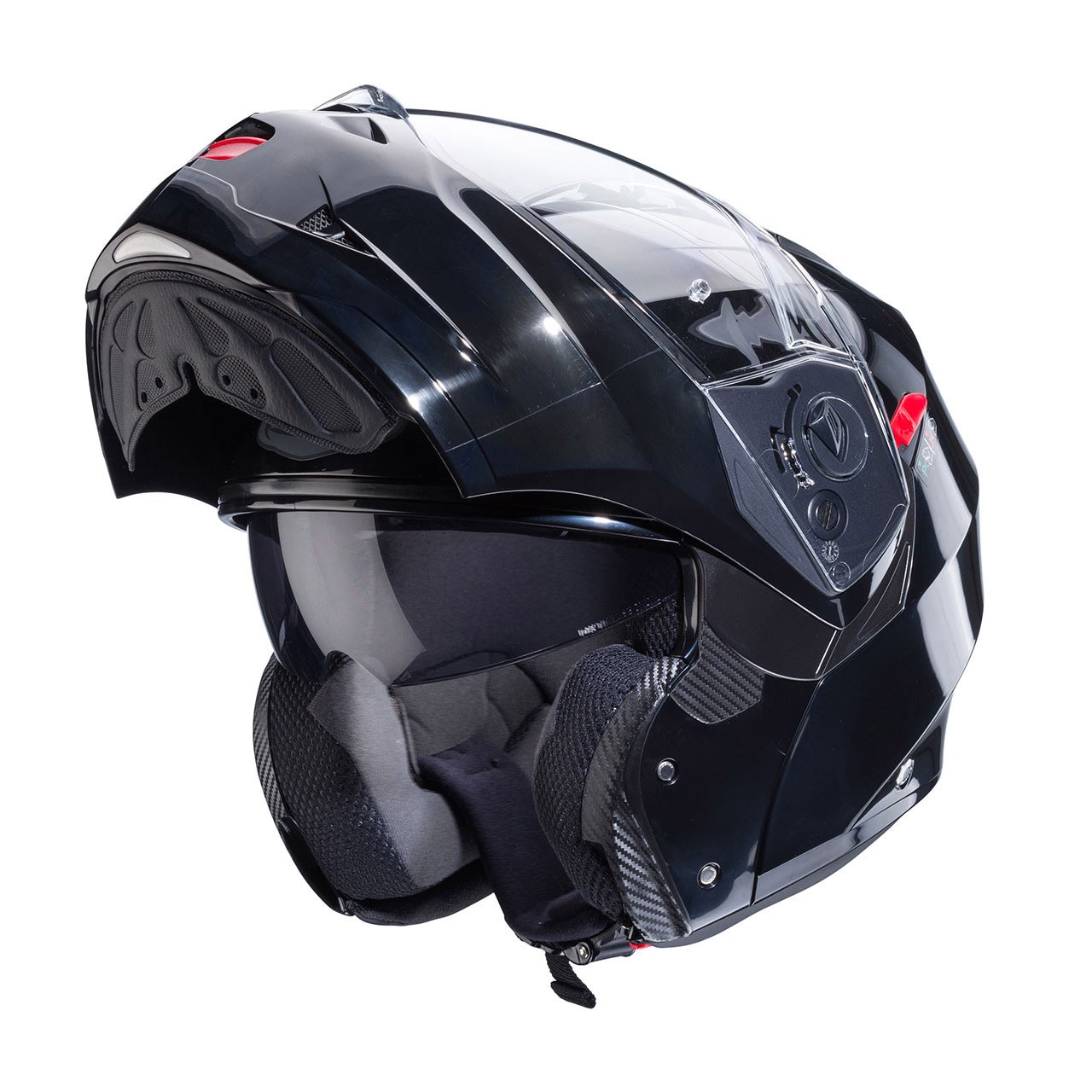 Casco modulare Caberg Duke X nero smart, vista a tre quarti con mentoniera aperta, design classico con visiera trasparente.