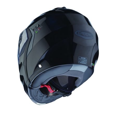 Casco modulare Caberg Duke X nero smart, vista posteriore, design classico con visiera trasparente.