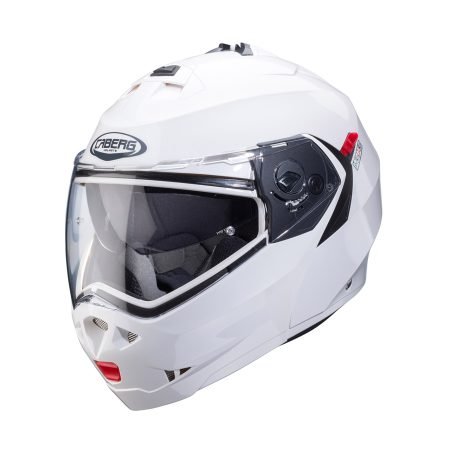 Duke-X-White-Metal-3-4 Caberg Duke X modular helmet in metallic white, three-quarter view, elegant design with clear visor.