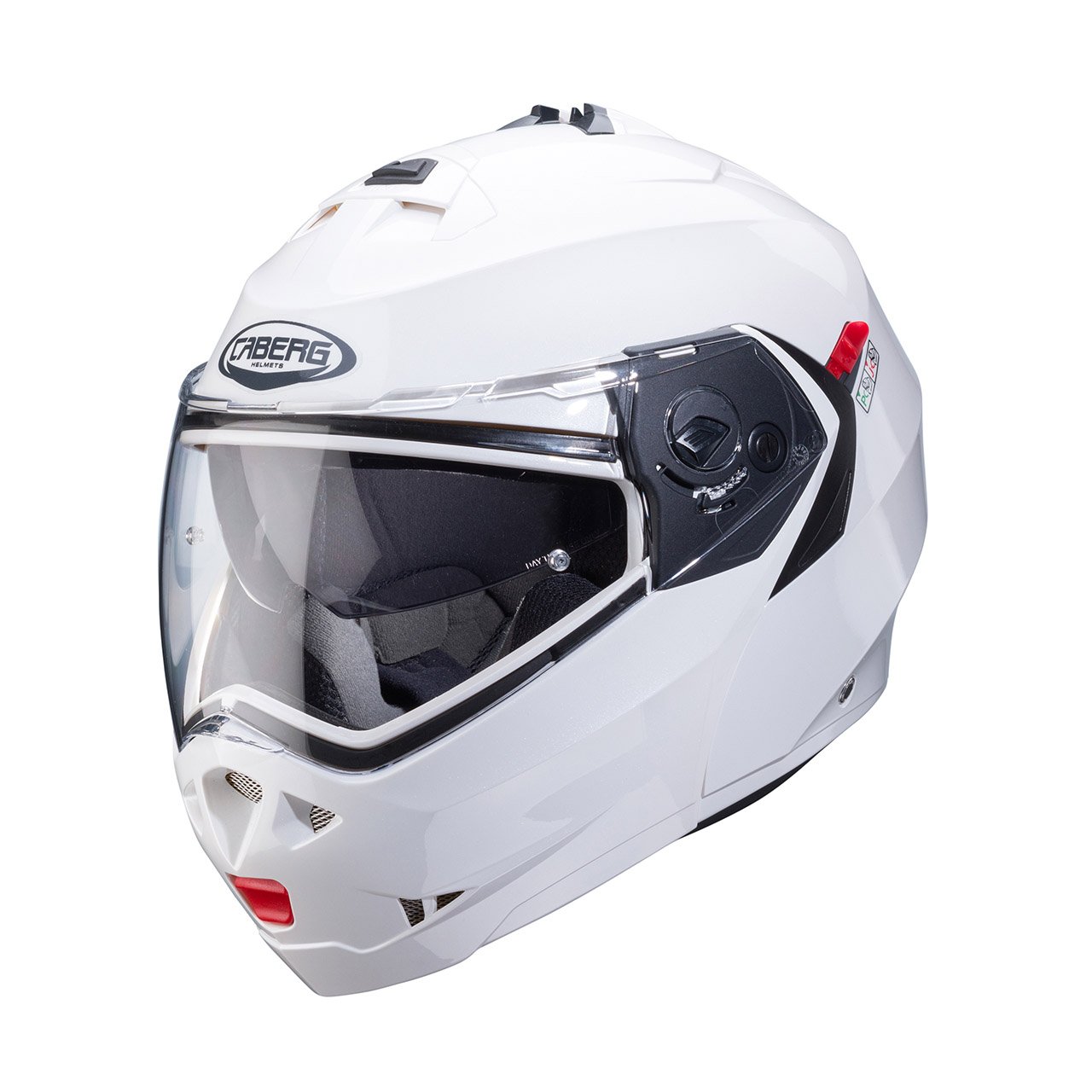 Caberg Duke X modular helmet in metallic white, three-quarter view, elegant design with clear visor.