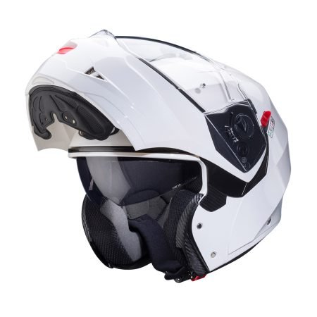 Duke-X-White-Metal-3-4-open Caberg Duke X modular helmet in metallic white, three-quarter view with open chin guard, elegant design with clear visor.