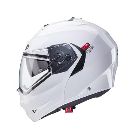 Duke-X-White-Metal-profile Caberg Duke X modular helmet in metallic white, side view, elegant design with clear visor.