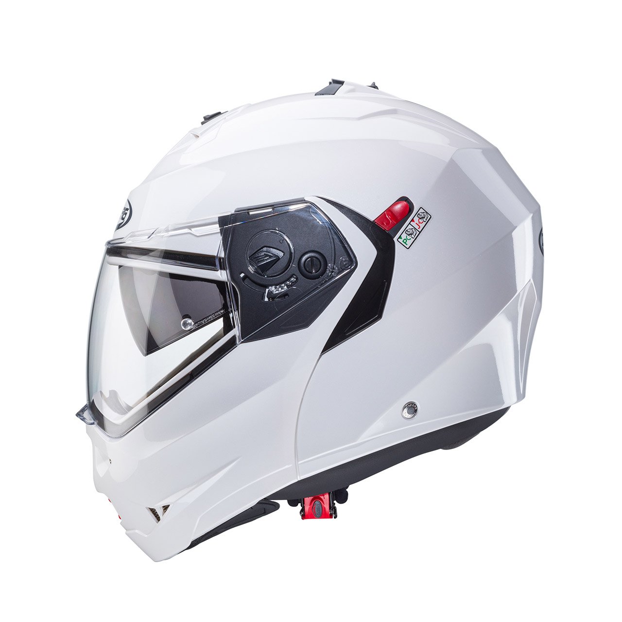 Caberg Duke X modular helmet in metallic white, side view, elegant design with clear visor.