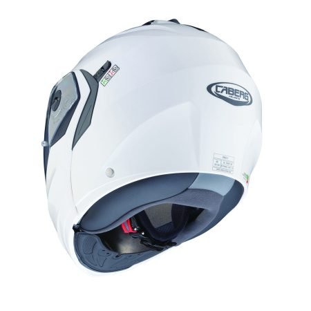 Back Caberg Duke X modular helmet in metallic white, rear view, elegant design with clear visor.