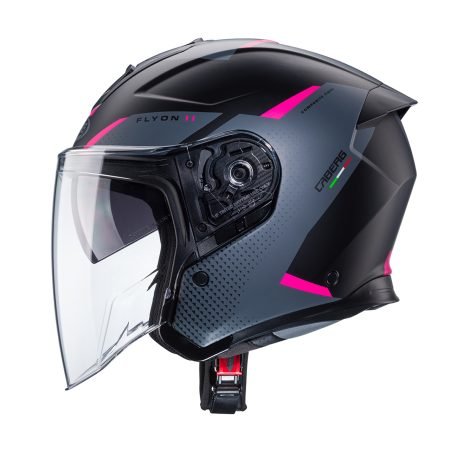 Caberg Flyon II Boss full-face helmet in matte black, grey, and fuchsia, side view, sleek design with modern graphics and clear visor.