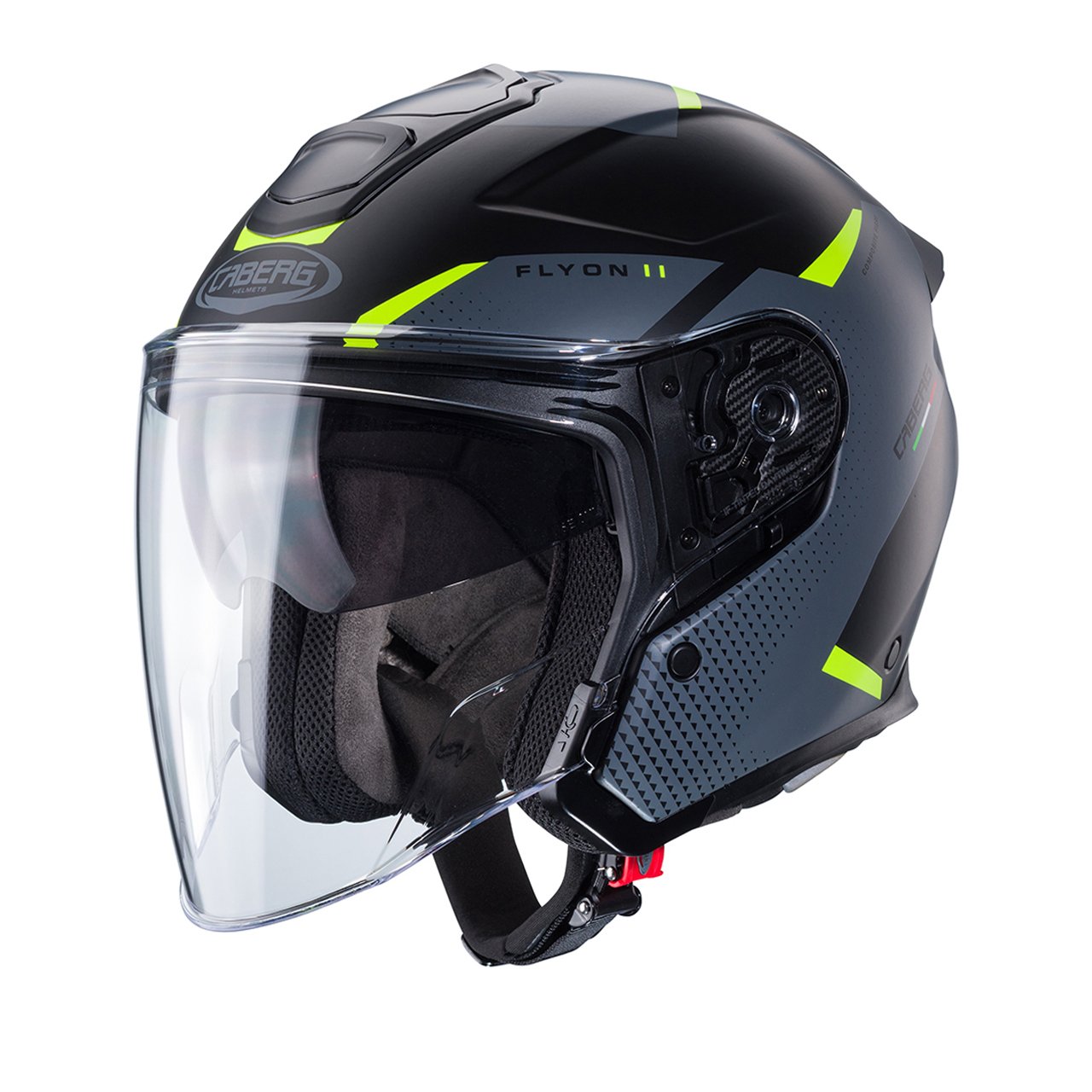 Caberg Flyon II Boss full-face helmet in matte black, grey, and fluorescent yellow, three-quarter view, featuring a striking design with modern graphics and a long clear visor.