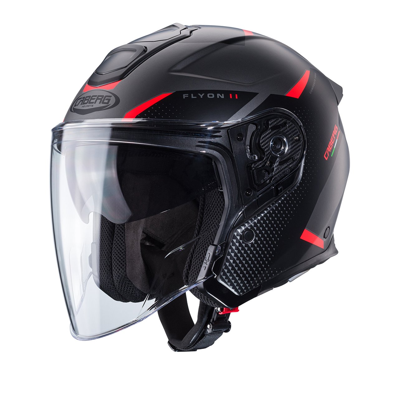 Caberg Flyon II Boss full-face helmet in matte grey, red, and black, three-quarter view, modern design with sporty details and long clear visor.