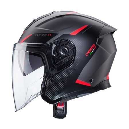 PROFILO Casco integrale Caberg Flyon II Boss grigio opaco, rosso e nero, vista laterale, design moderno con dettagli sportivi e visiera lunga trasparente.