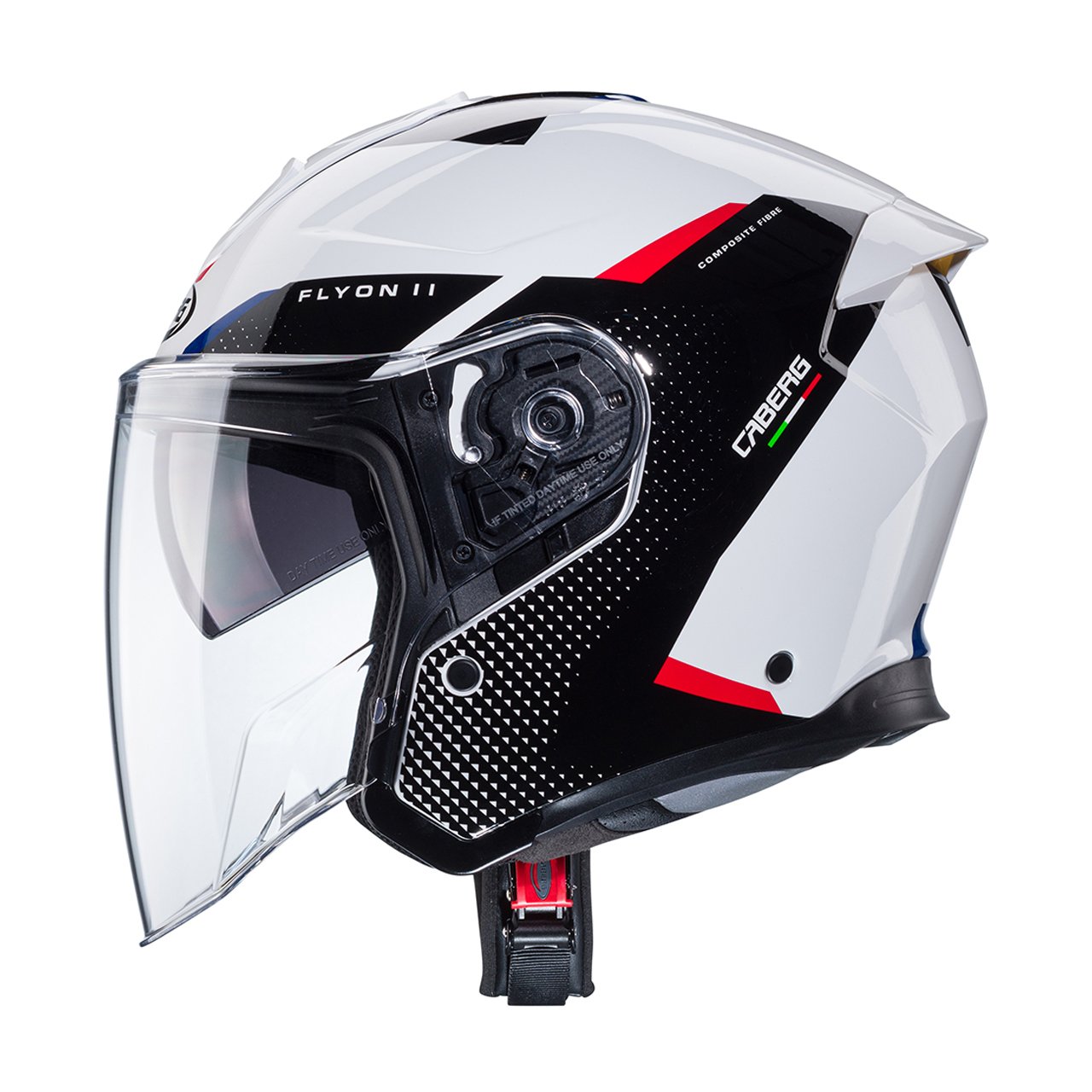 Caberg Flyon II Boss full-face helmet in white, black, red, and blue, profile view, sporty design with striking graphics, and long clear visor.