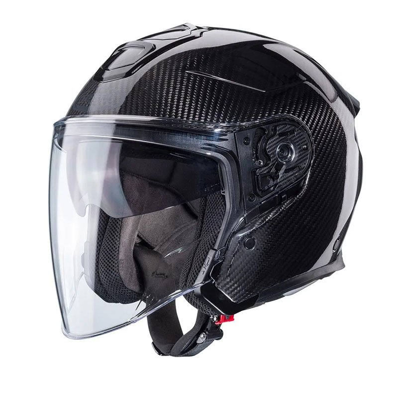 Caberg Flyon II Carbon full-face helmet, three-quarter view, carbon fiber design with clear visor.