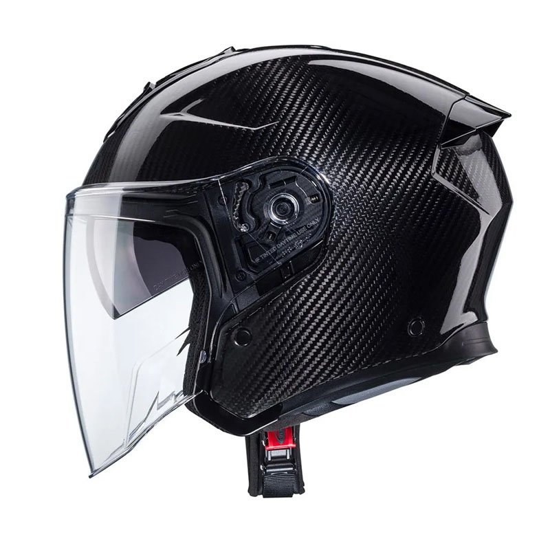 Caberg Flyon II Carbon full-face helmet, side view, carbon fiber design with clear visor.