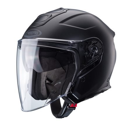 TREQUARTI Casco integrale Caberg Flyon II nero opaco, vista a tre quarti, design sobrio con visiera trasparente e sistema di ventilazione avanzato.