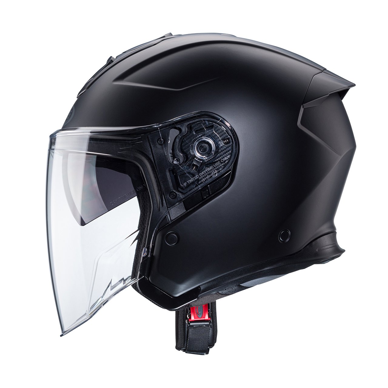 Caberg Flyon II full-face helmet in matte black, side view, featuring a sleek design with clear visor and advanced ventilation system.