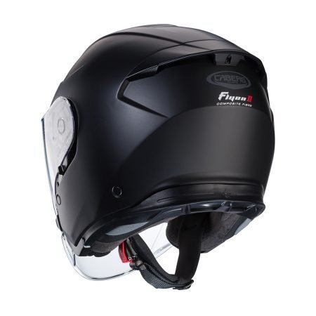 RETRO Casco integrale Caberg Flyon II nero opaco, vista posteriore, design sobrio con visiera trasparente e sistema di ventilazione avanzato.
