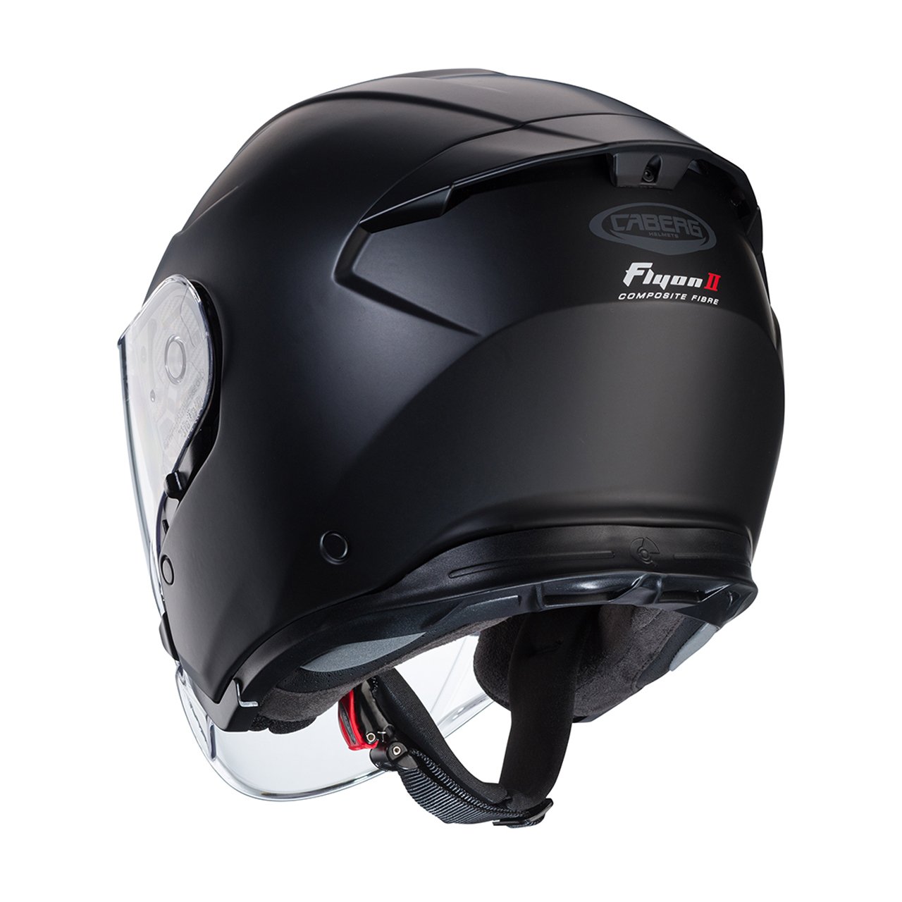 Caberg Flyon II full-face helmet in matte black, rear view, featuring a sleek design with clear visor and advanced ventilation system.