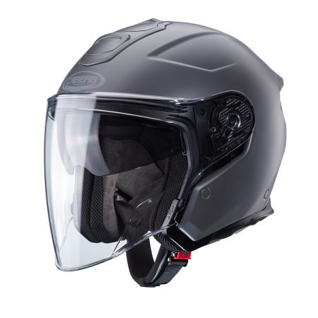 Casco integrale Caberg Flyon II grigio opaco, vista a tre quarti, design moderno con visiera trasparente e sistema di ventilazione avanzato.