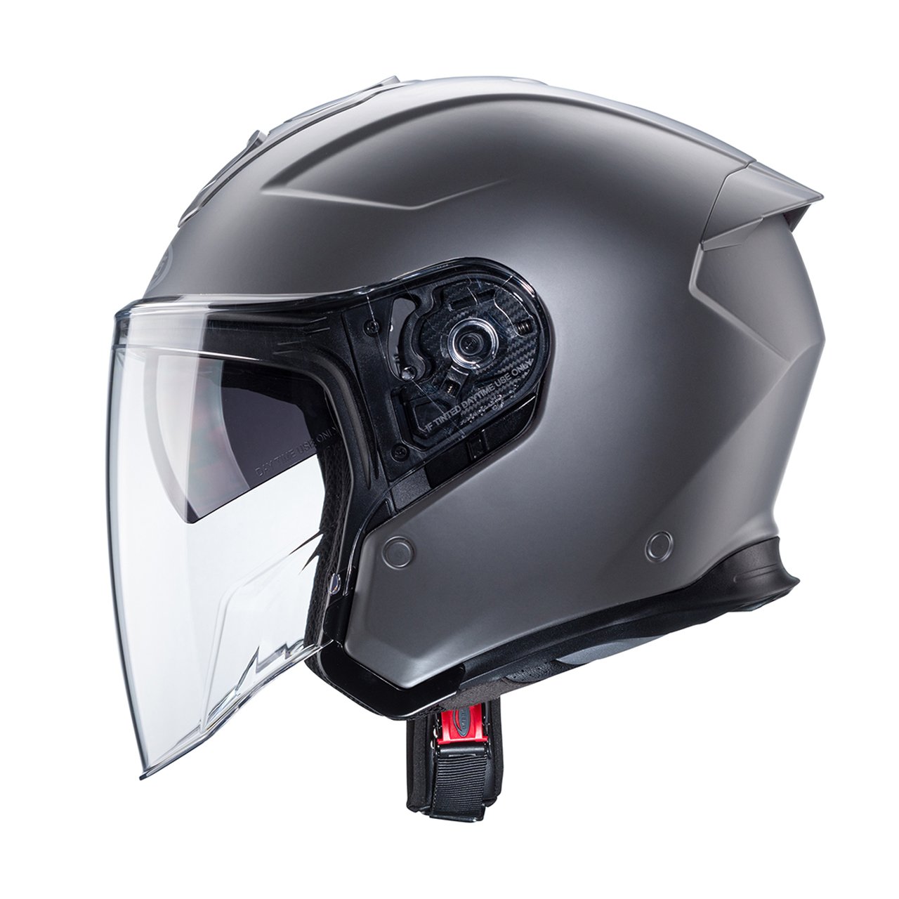 Caberg Flyon II full-face helmet in matte grey, side view, featuring a modern design with a clear visor and advanced ventilation system.