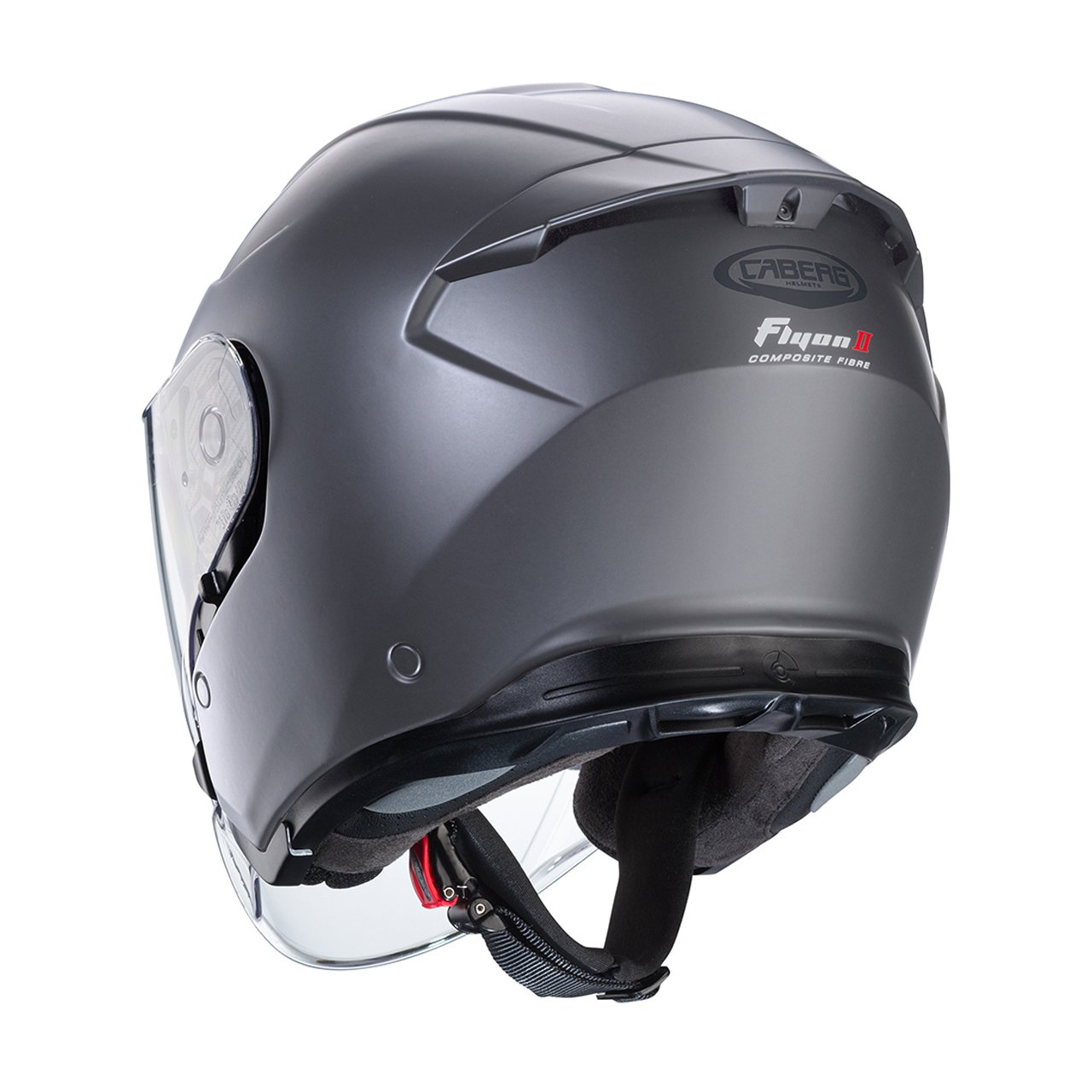 Caberg Flyon II full-face helmet in matte grey, rear view, featuring a modern design with a clear visor and advanced ventilation system.
