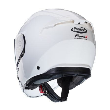 RETRO Casco integrale Caberg Flyon II bianco, vista posteriore, design elegante con visiera trasparente e sistema di ventilazione avanzato.