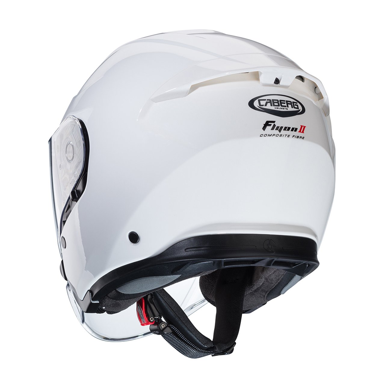 Caberg Flyon II White Full-Face Helmet, rear view, sleek design with clear visor and advanced ventilation system.
