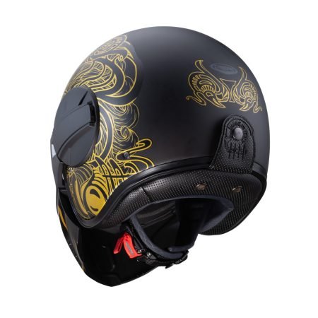 GHOST-MAORI-MATT-BLACK-GOLD-REAR Casco jet Caberg Ghost Maori nero opaco e oro, vista posteriore, design aggressivo con grafica Maori.