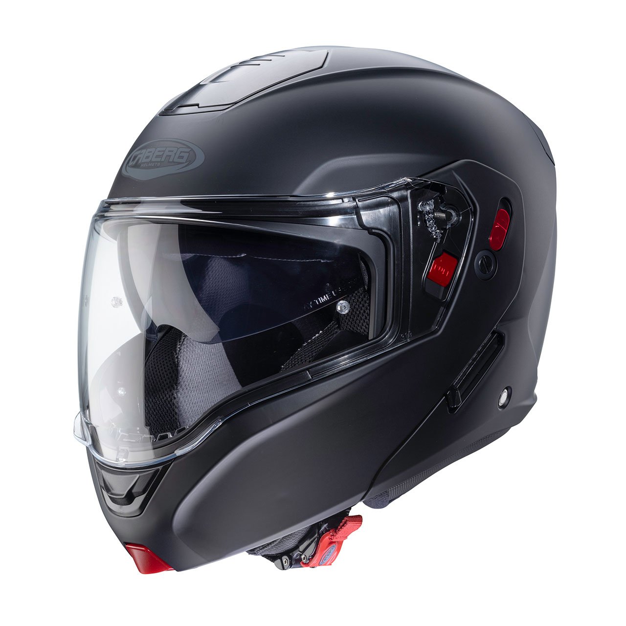 Caberg Horus X modular helmet in matt black, three-quarter view, sleek design with clear visor.
