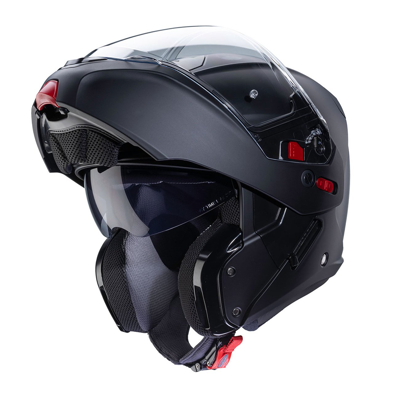 Caberg Horus X modular helmet in matt black, three-quarter view with chin guard open, sleek design with clear visor.