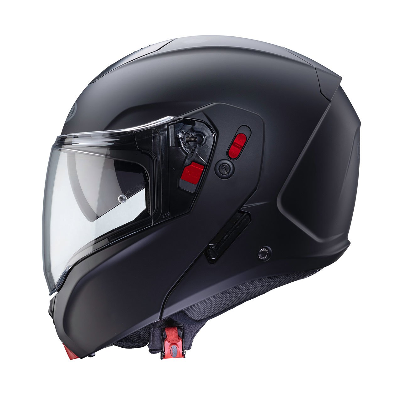 Caberg Horus X modular helmet in matt black, side view, sleek design with clear visor.