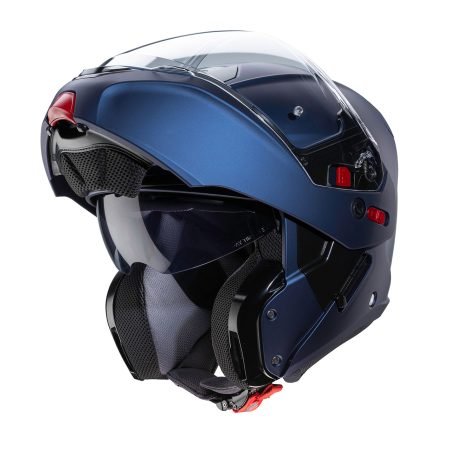 Horus-X-Matt-Blue-Yama-3-4-open Caberg Horus X Matte Blue Yamaha modular helmet, three-quarter view with the chin guard open, sporty design with a transparent visor.