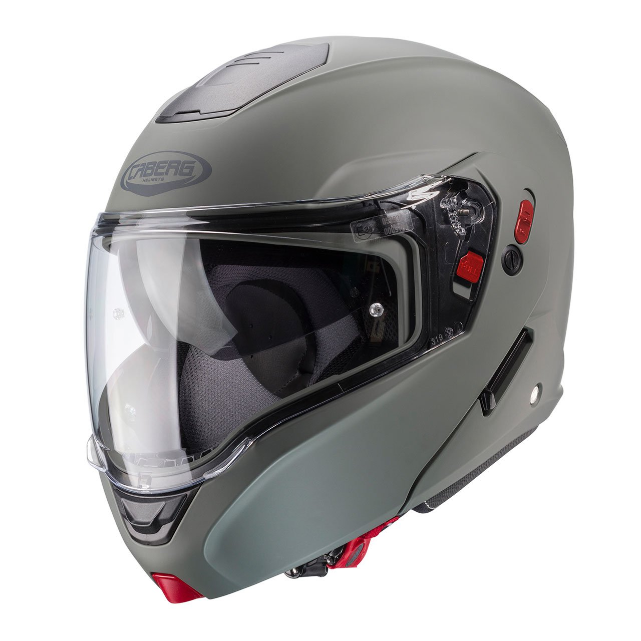 Three-quarter view Caberg Horus X modular helmet in matte grey with Kamo graphics, three-quarter view, modern design with a transparent visor.