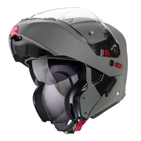 Horus-X-Matt-Grey-Kamo-3-4-open Caberg Horus X modular helmet in matte grey with Kamo graphics, three-quarter view with the chin guard open, modern design with a transparent visor.